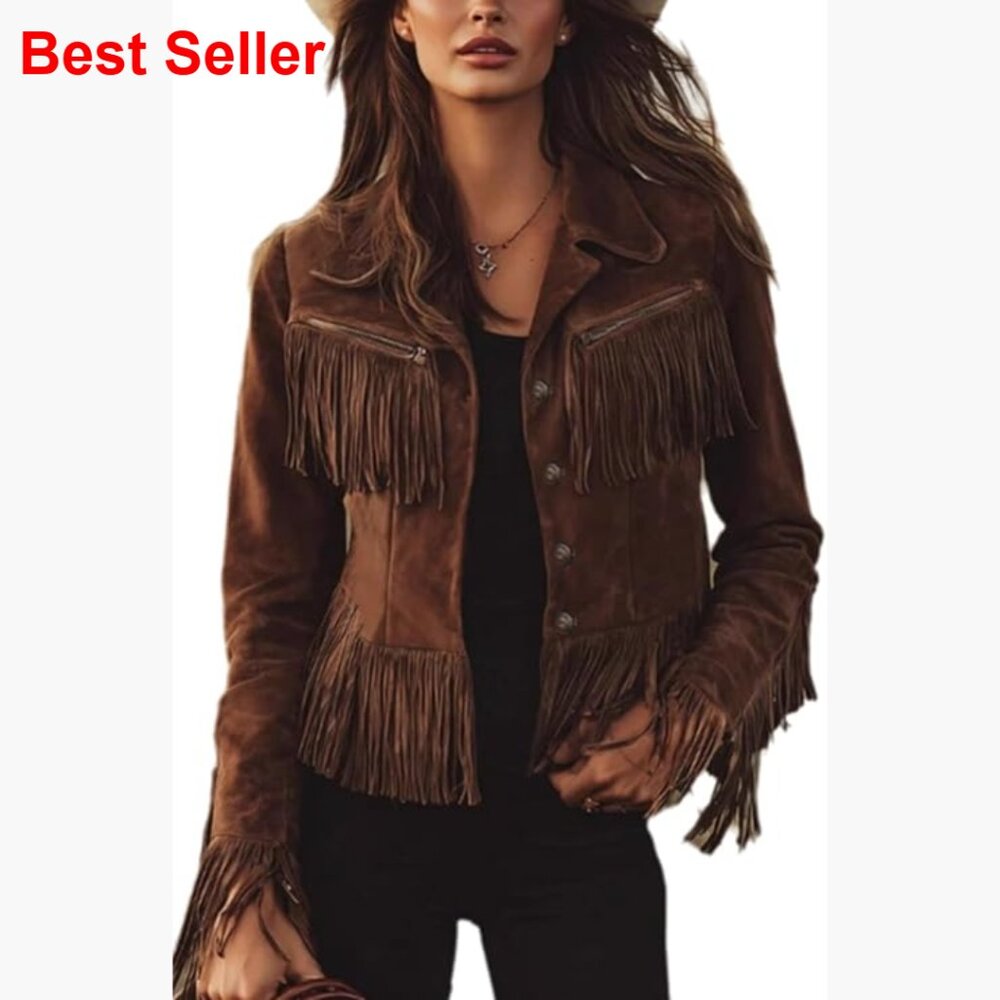 Brown Suede Fringe Jacket - Women's Stylish Western Coat
